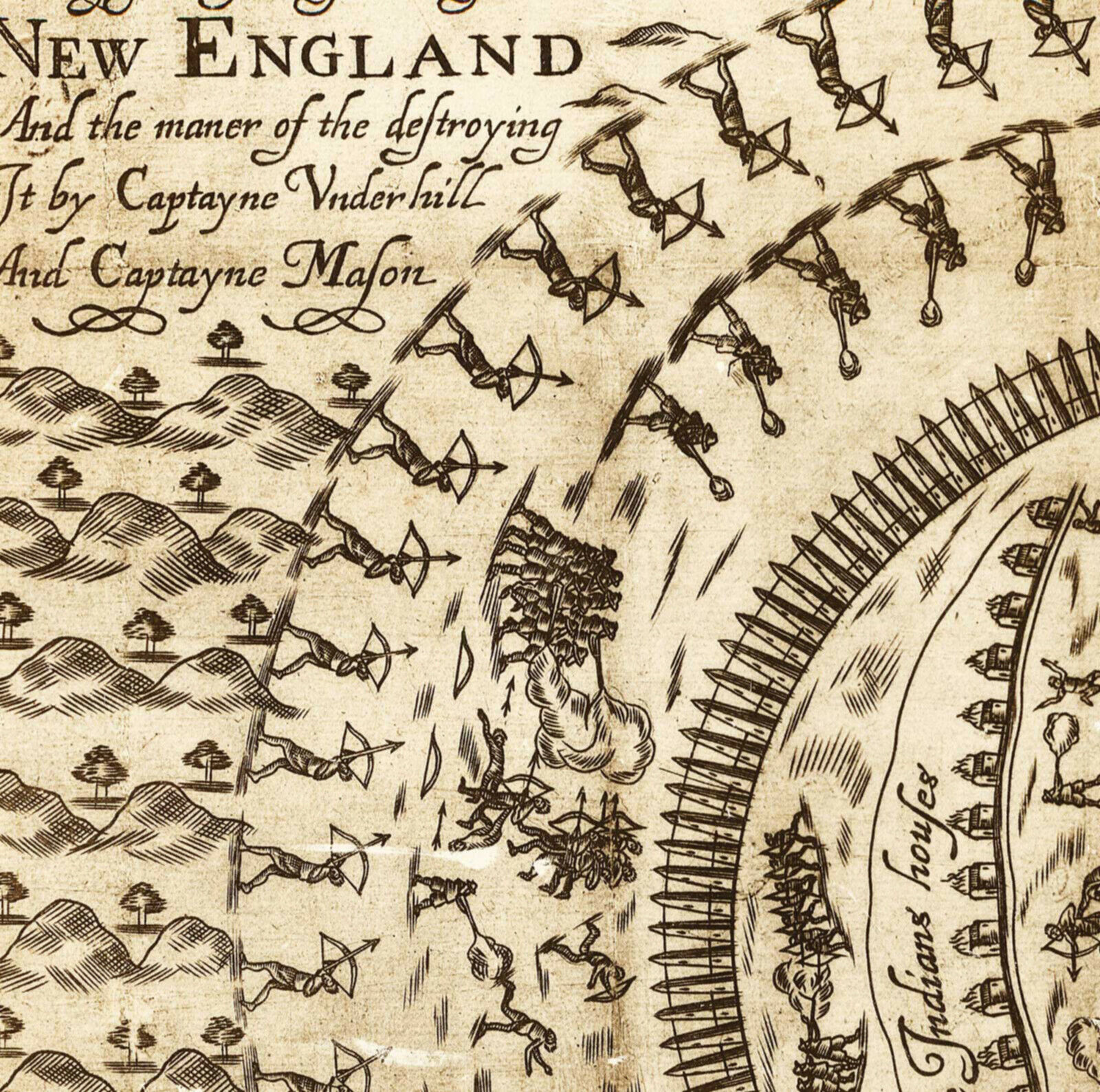 1638 Map Pequot War Native American Indians' Fort New England Mystic
