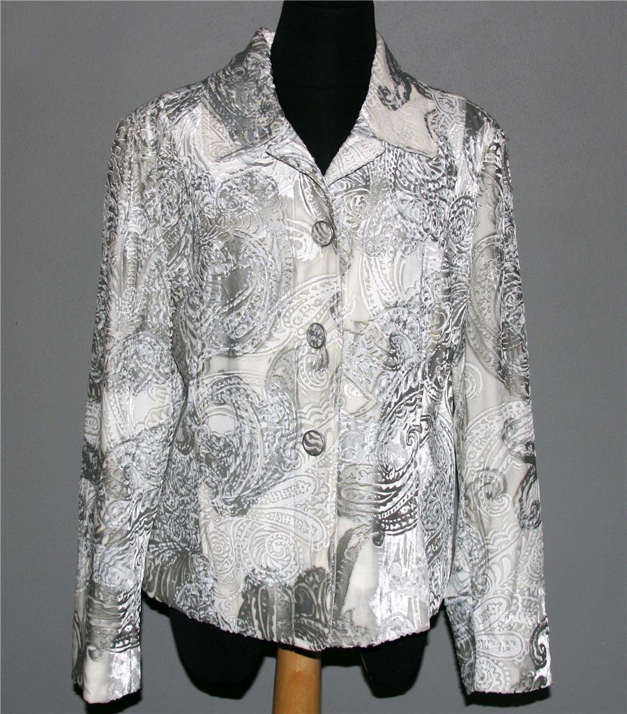 CHICOS Silver Grey White Embossed Velvet Paint Paisley Lined Jacket Wms ...