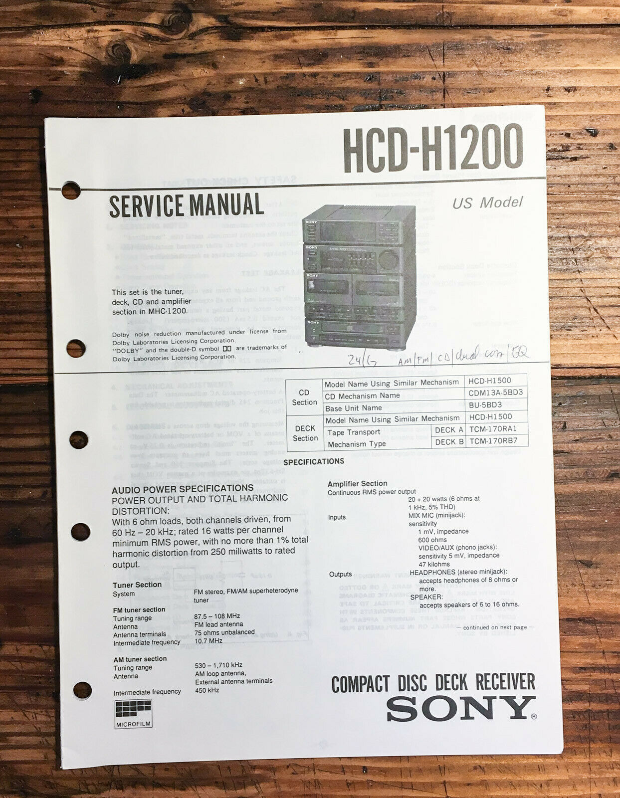 Sony HCD-H1200 Stereo System Service Manual *Original* - Vintage Parts