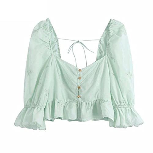 Pleats Puff Sleeve Hollow Out Embroidery Short Smock Shirts Lady Ruffles Blouse