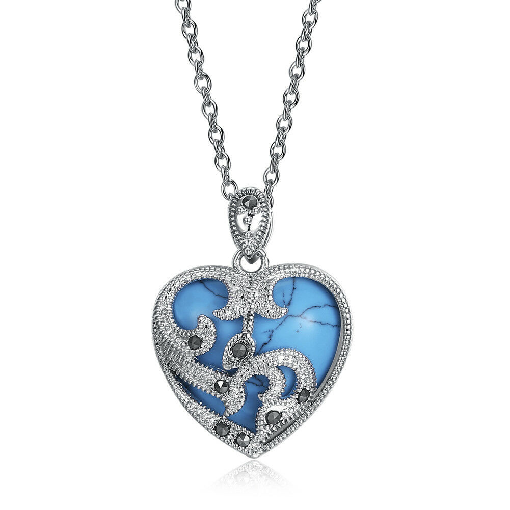 White Gold Plated Turquoise Marcasite Heart Pendant 30 Necklace