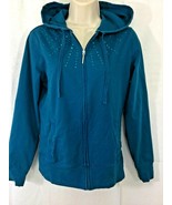 New York &amp; Company Womens Size M  Zip Up Hoodie Coat Blue Jacket W/ Rhin... - $12.86