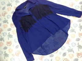 TOPSHOP WOMENS SHEER BLUE AND BLACK LACE BUTTON DOWN BLOUSE SZ 6 - $19.79