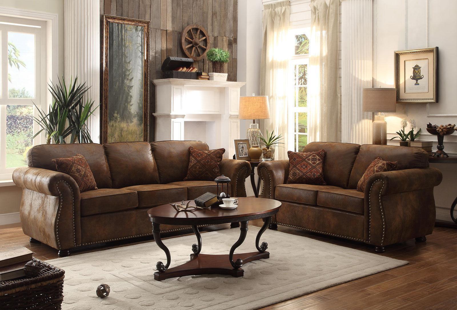 Rustic Living Room With Brown Leather Couch