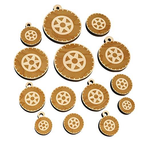 Wheel Tire Icon Mini Wood Shape Charms Jewelry DIY Craft - 25mm (7pcs) - with Ho