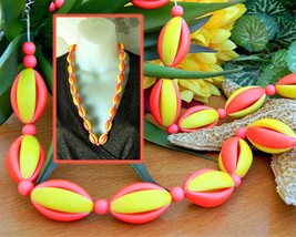 Vintage Plastic Necklace Hong Kong Orange Yellow 3D Oval Beads Long - £15.63 GBP