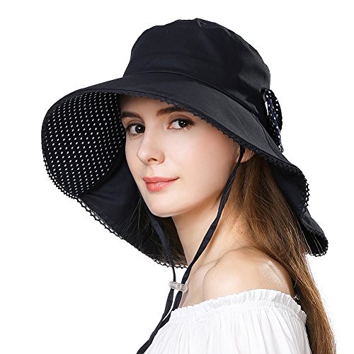 Womens Sun Hat Ponytail SPF 50 Wide Brim Shade Cotton Flap Uv Packable Summer Go Hats