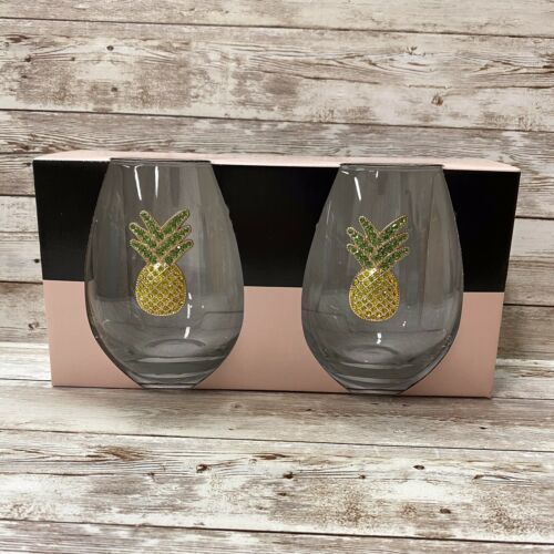 Rachel Zoe Pineapple Rhinestone Designer Stemless Wine Glasses 19oz Set