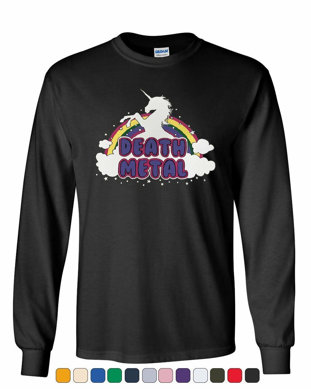 Unicorn Death Metal Long Sleeve T-Shirt Rainbow Hilarious Cute Heavy Music Tee