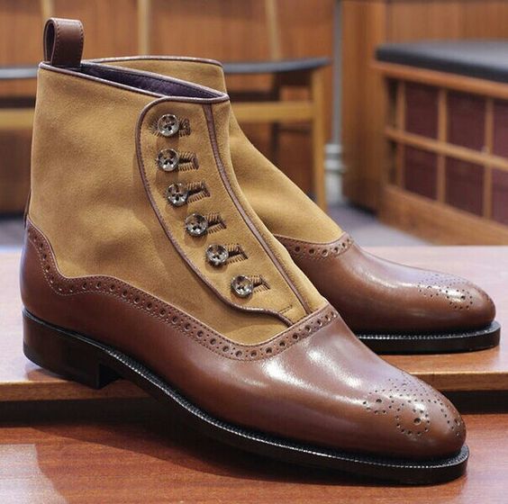 Two Tone Brown Tan Color Superior Leather High Ankle Party Wear Button Boots