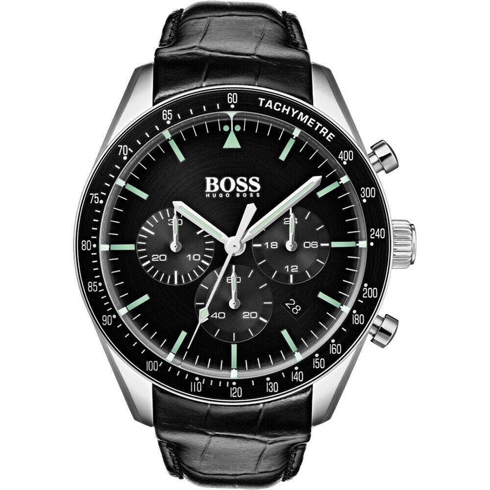 Hugo Boss 1513625 Black Leather Strap Silver Dial Analog Men's Watch ...