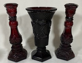 Avon Cape Cod Ruby Red Collection 2 Candlesticks / Perfume Bottles + 1 Vase - $25.00