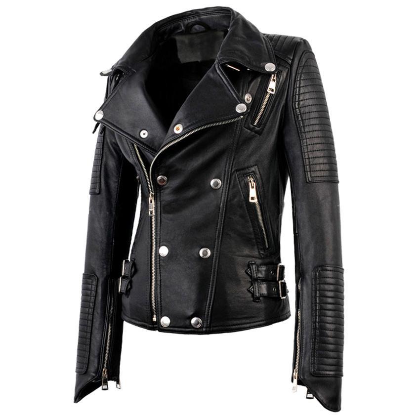 Women Real Punk Rock Jacket Rivet Motorcycle Biker Female Leather ...