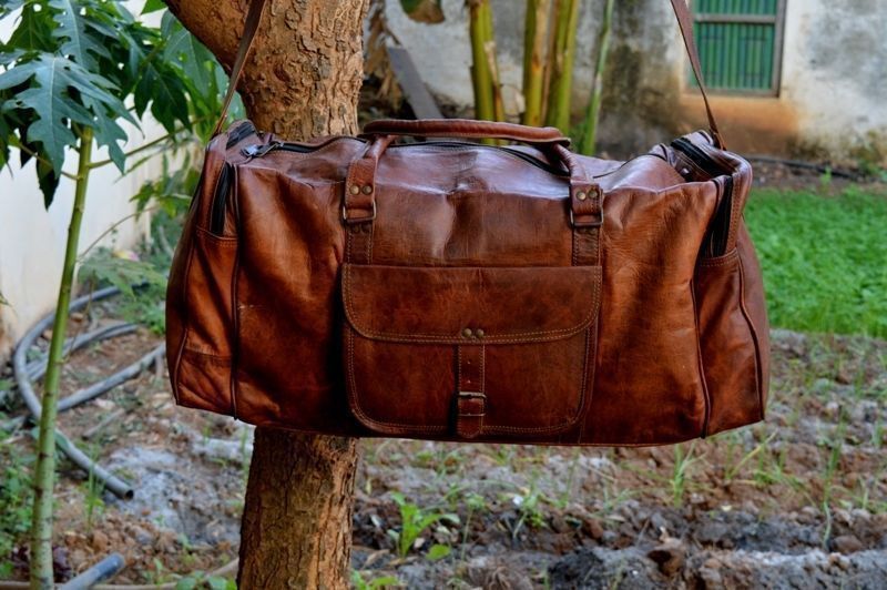 Men Genuine Leather Outdoor Gym Duffel Bag Travel Weekender Overnight Luggage