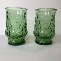 Vintage Green Anchor Hocking Juice Glass Tumblers Daisy Flowers Lot of 2 EUC - $11.26
