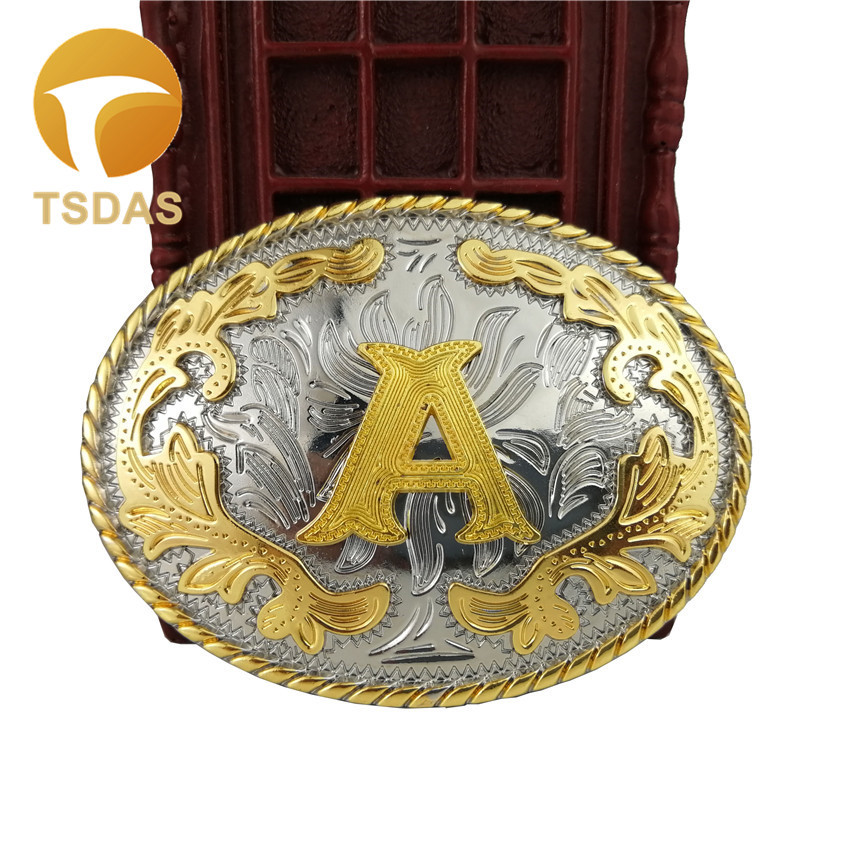 Golden Initial Letter A Men's Belt Buckle With Oval Shape Metal Belt