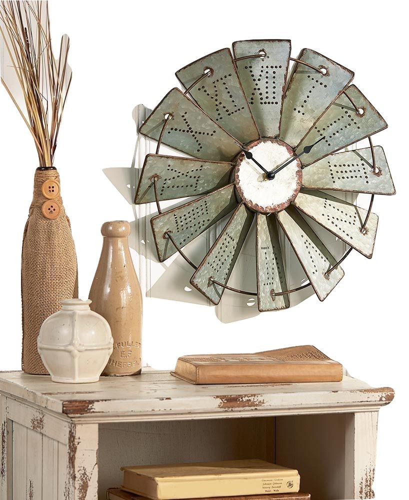 Metal Windmill Wall Clock Rustic Farm House Country Art Living Room