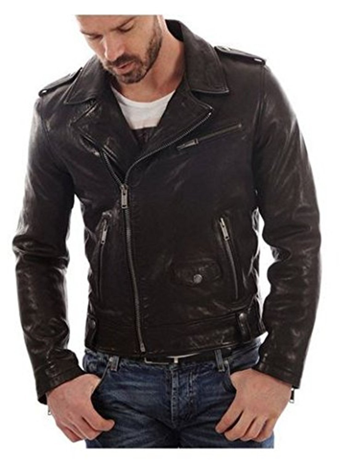 Mens Leather Jacket Black Lapel Collar Epaulets Style Zipper Leather ...