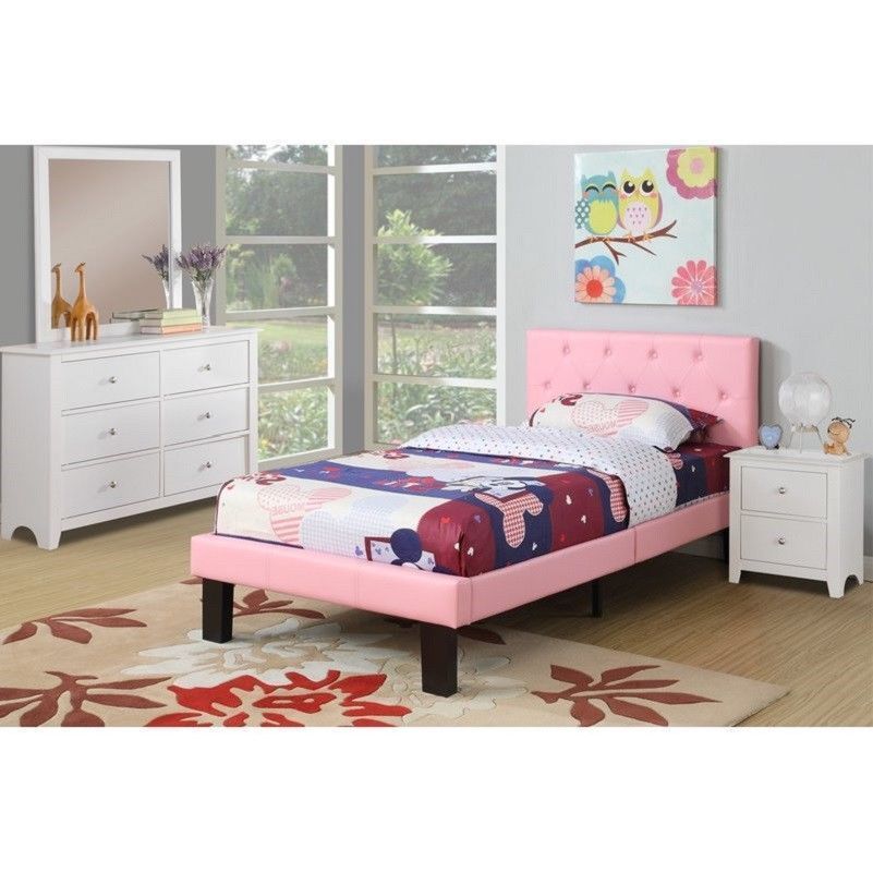 Girls Pink Platform Bed Frame Wood Twin Size with Upholstered Tufted ...