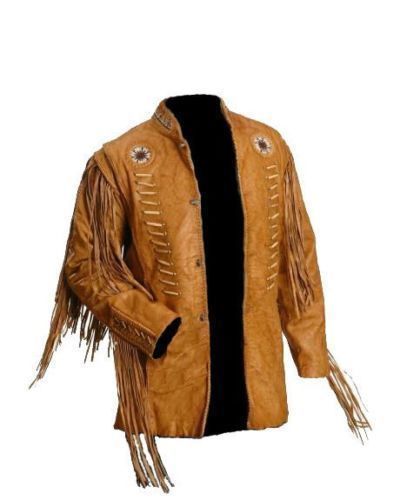 Handmade New Men's Cowhide Tan Buckskin Jacket Native American Fringes ...