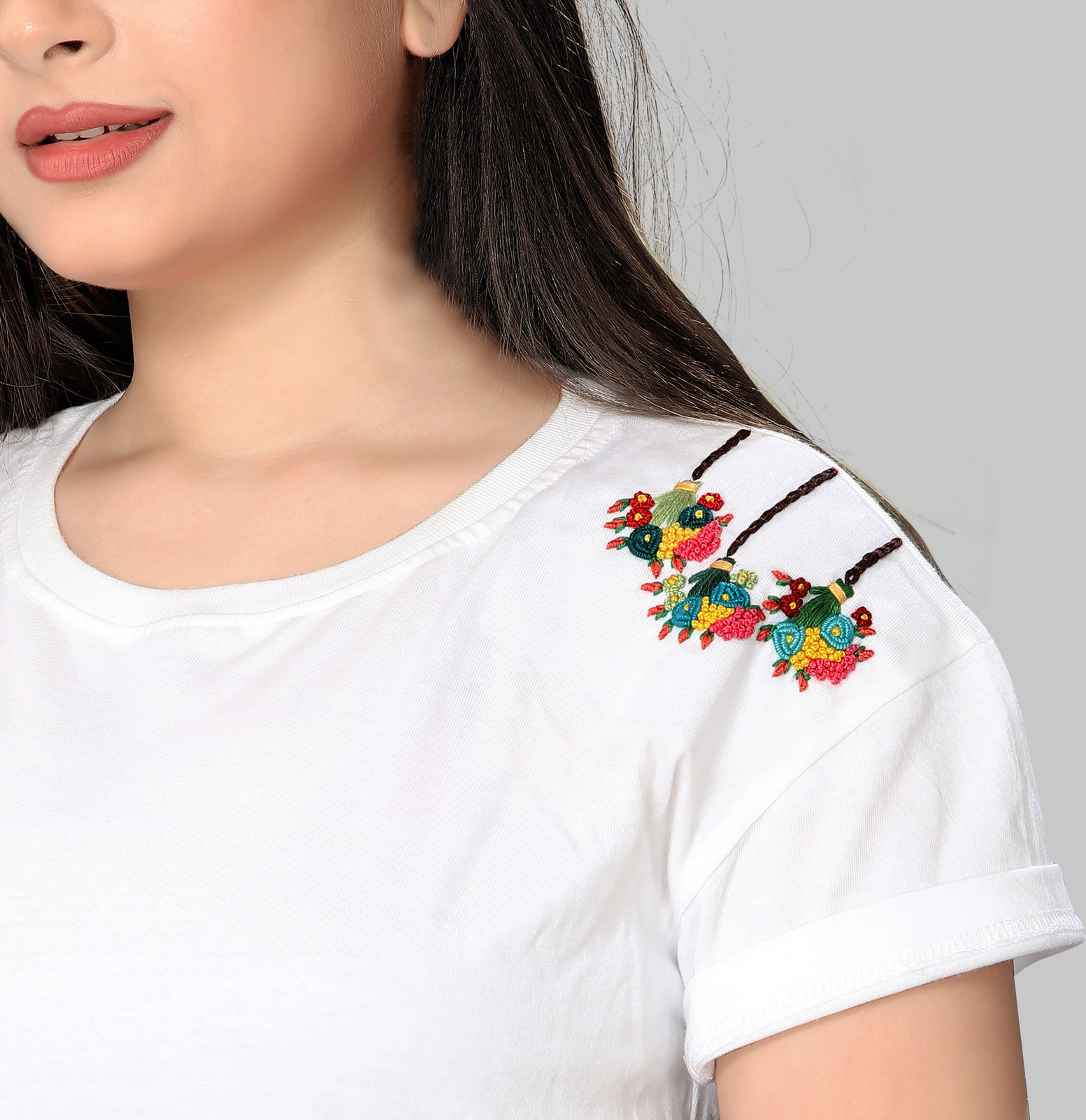 Dewears Colorful Hanging Flower Hand Embroidery Stylish Crop Top T Shirt Tops 