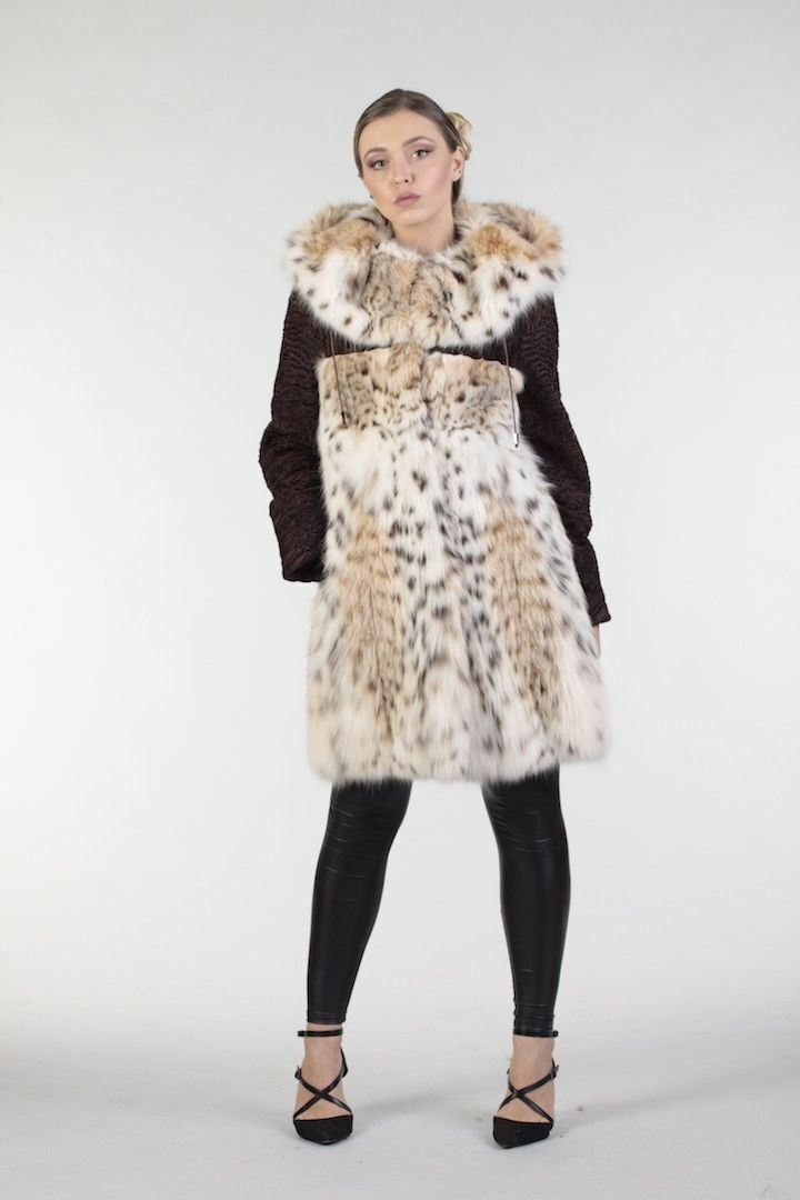 Women's Bobcat Lynx Fur Coat with Swakara Sleeves LYSISTRATE Coats