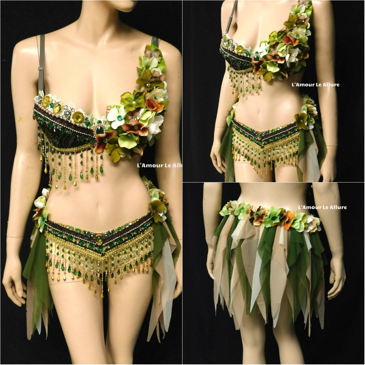 Gypsy Green Forest Flower Fairy Rave Bra Halloween Costume Dance Show Girl