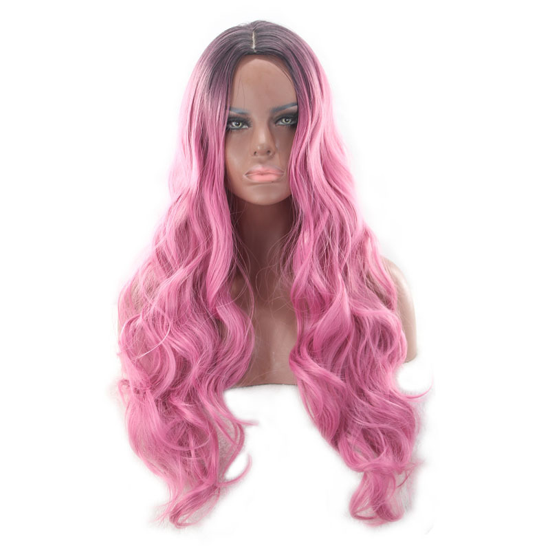 Ombre Black to Deep Pink Heat Resistant Synthetic Hair None Lace Wigs Body Wave