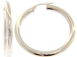 18K White Gold Round Circle Hoop Earrings Diameter 30 Mm X 4 Mm, Made In Italy - $716.24