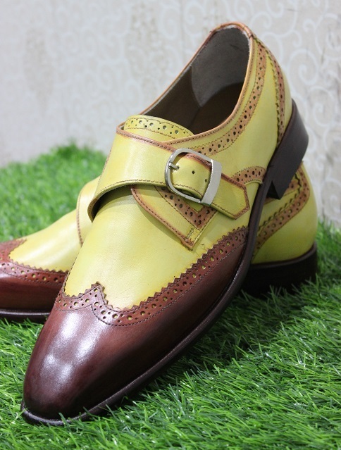 Handmade Men Two Tone Color Leather Single Monk Wingtip Brogue Leather Shoes Men 