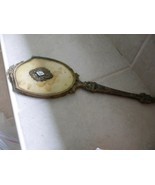 Antique Victorian Hand Mirror Vanity brass w gold fabric plastic cover.14&quot; - $39.60