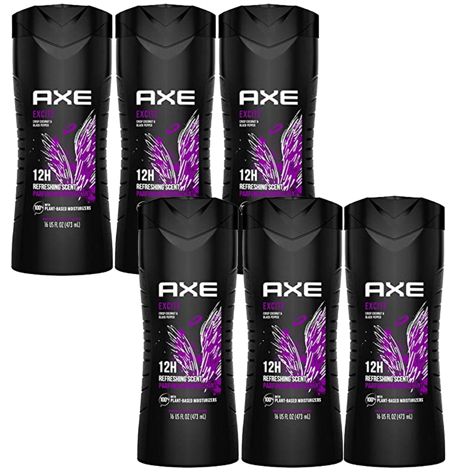 6-New AXE Body Wash 12h Refreshing Scent Excite Crisp Coconut & Black Pepper wit