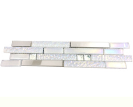 Glass Metal Linear Mosaic Tile Iridescent White Silver Backsplash 3&quot;x12&quot;... - $25.95