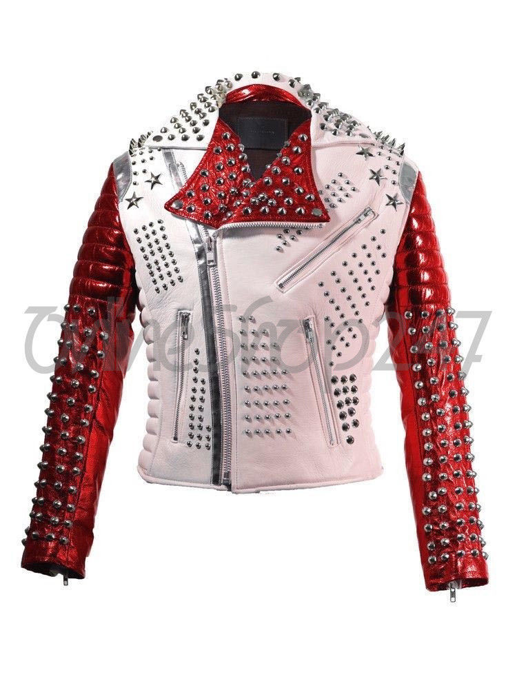 New Mens Victor Luna Star Tech White Red Silver Spiked Studded Leather Jacket