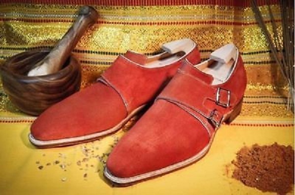 New Handmade Red Color Double Monk Party Shoes, Men Designer Red Suede Monk Shoe