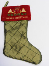 GREEN QUILTED SILK CHRISTMAS STOCKING W/ BEAUTIFULLY EMBROIDERED BRASS H... - $14.88