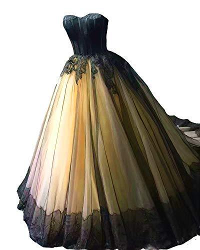 Kivary Plus Size Black Lace Tulle Ball Gown Gothic Long Prom Wedding Dress Gold
