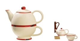 Tea For One Set White Ceramic with Weathered Red Trim 10.5 oz Pot and Cup 5.7 oz image 1