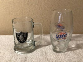 (NFL) Raiders Football Team Mug & Miller Lite Football Shaped Glass Lot OF 2 - $13.98