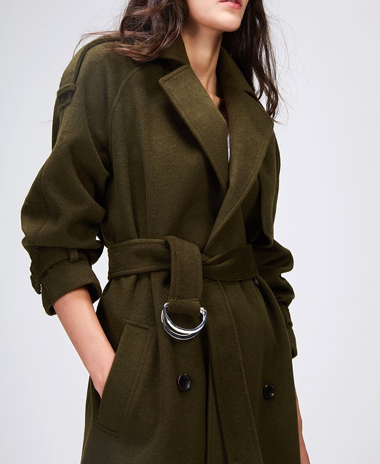 New olive green warm double breasted woolen women coat with belt autumn fall