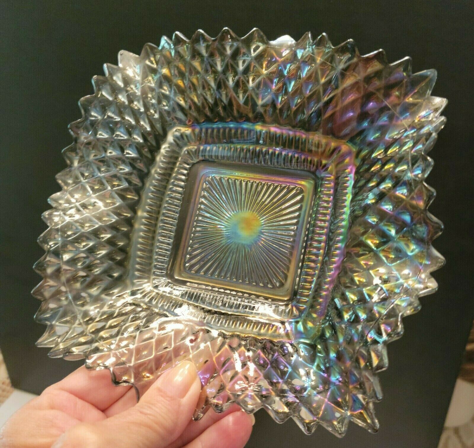 2 CARNIVAL GLASS DIAMOND POINT FLUTED CANDY DISH & 1 AMBER GLASS Carnival glass