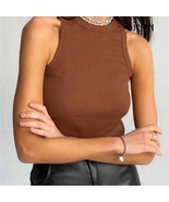 Brown casual cotton ribbed sleeveless summer women crop top tank blouse - $26.00