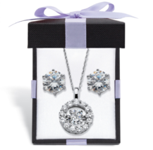 Cz In Motion Stud Earrings Pendant Necklace Set Platinum Sterling Silver - $189.99