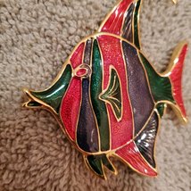Angelfish Brooch, Enamel on Gold Tone Metal, Shimmering Red Green Fish Pin image 5