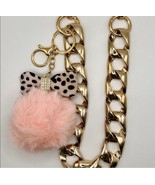 Chunky gold chain link bag strap with fuzzy pink pom pom with bow detail - $30.34