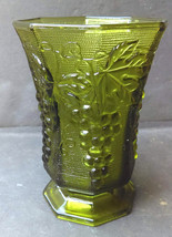Anchor Hocking Vintage Green Footed Octagon Glass Vase with Leaves and Grapes - $21.80