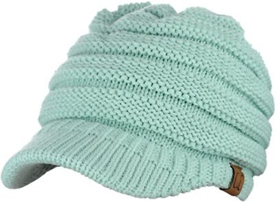 C. C Brand Brim Visor Trim Ponytail Beanie Ski Hat Knitted Messy Bun Cap - Lime