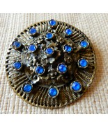 Large vintage round silver tone brooch with blue rhinestones &amp; flower de... - $15.00