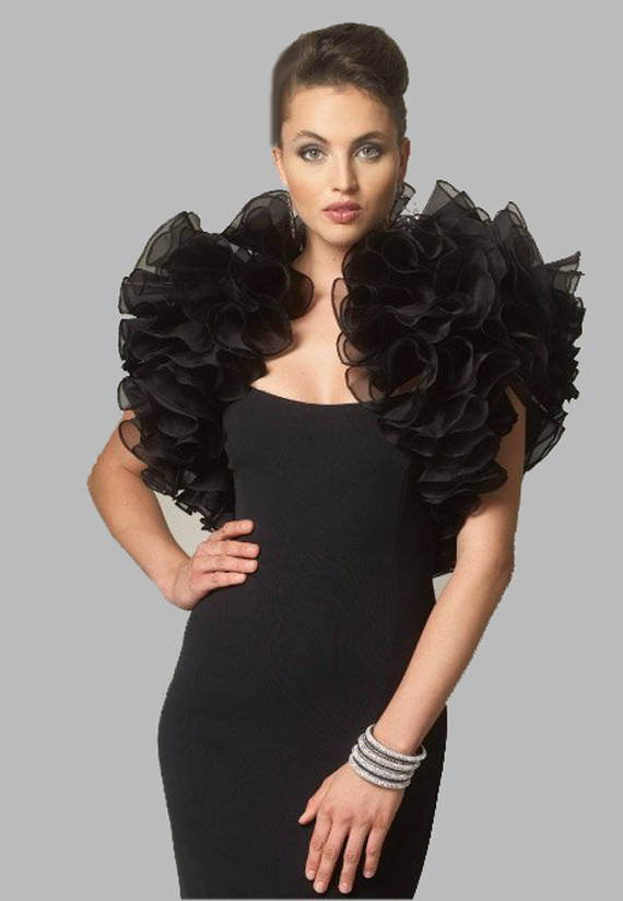 Women's Bolero Shrug Organza Ruffled Black Only Made To Order - Tops