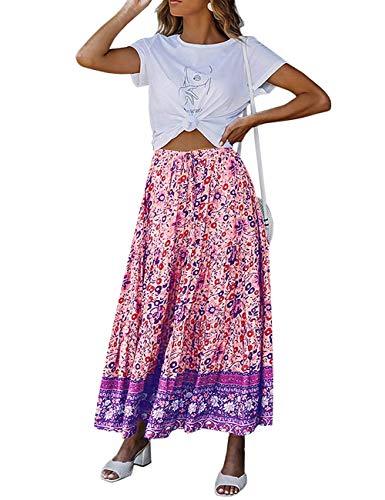 MEROKEETY Women's Boho Floral Print Elastic High Waist Pleated A Line ...